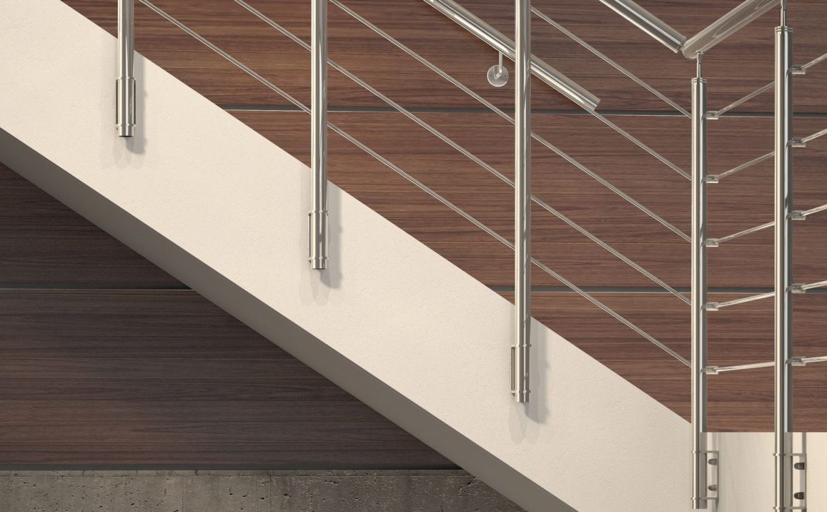 Stainless steel railing / glass panel / with bars / indoor