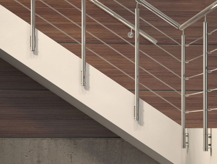 Stainless steel railing / glass panel / with bars / indoor